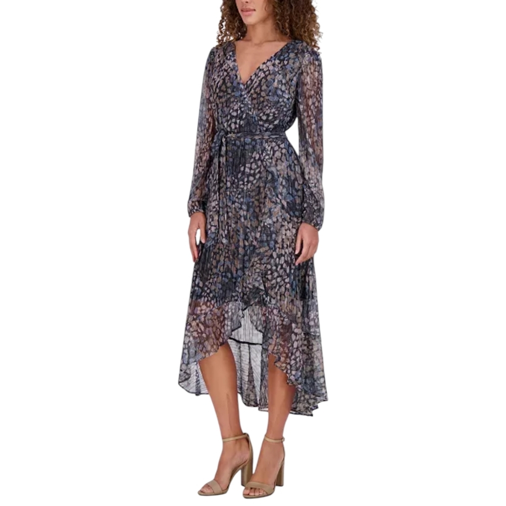 Kensie Faux Wrap Midi Dress High Low Ruffle Metallic Abstract Floral 2 Small